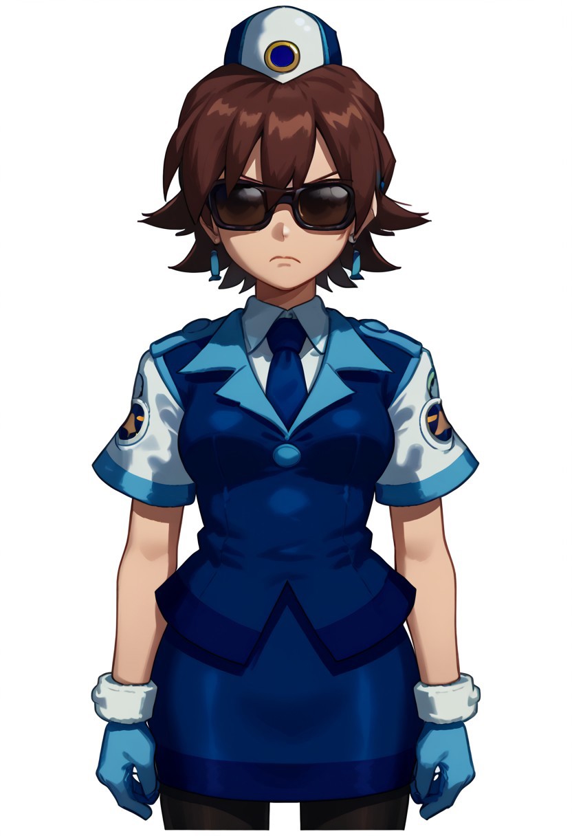 1girl,solo,gloves,sunglasses,brown hair,hat,uniform,skirt,earrings,short hair,blue necktie,portrait,serious,standing,sun glasses,eyes covered,white background