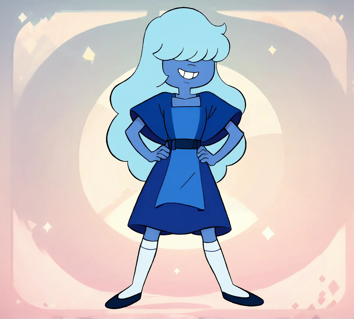 Sapphire, zPDXL, best quality, amazing quality, score 9, 1girl, hair covering eyes, smile, hands on hips, full body, <lora:Sapphire:1>