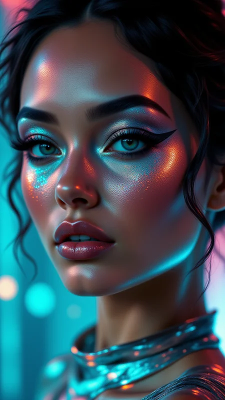 A close-up of a supermodel with dramatic, metallic makeup that reflects shades of silver, copper, and gold. Her eyes are adorned with geometric eyeliner in bold, metallic hues, and her lips shimmer with a chrome finish. The background is softly blurred with futuristic neon lighting, giving her an ethereal, almost otherworldly appearance. Her expression is intense, adding to the sci-fi, avant-garde vibe,<lora:BetterPortraits:0.7>, jedjv1, <lora:JedJourney_epoch_7:0.3>