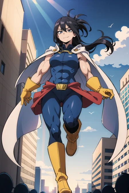 (masterpiece, best quality:1.4), cinematic light, colorful, high contrast, (1girl), NanaShimura, boku no hero academia,  <lora:NanaShimuraMHA-v1-1:1>, ((yellow gloves)), black hair, long hair, folded ponytail, mole under mouth, cape, white cape, large breasts, blue eyes, sleeveless, full body bodysuit, hair between eyes, belt, boots, yellow footwear, city, day, sky, smirk, sunlight, muscular female