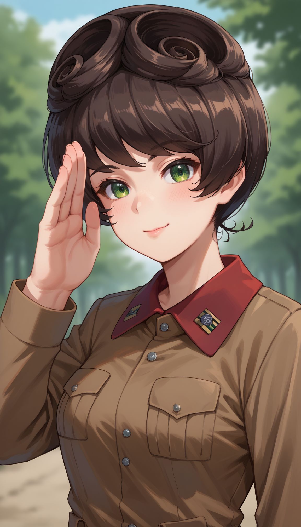 score_9, score_8_up, score_7_up, source_anime, 
 <lora:GUPHosomi:1> 1girl, guphosomi, short hair, green eyes, brown hair, long sleeves, 
GUPHosomi, 1girl, salute, smile, brown jacket, short hair, looking at viewer, upper body, chi-hatan military uniform, long sleeves, closed mouth, blurry background, brown hair, goggles on head, green eyes, emblem, outdoors, depth of field
