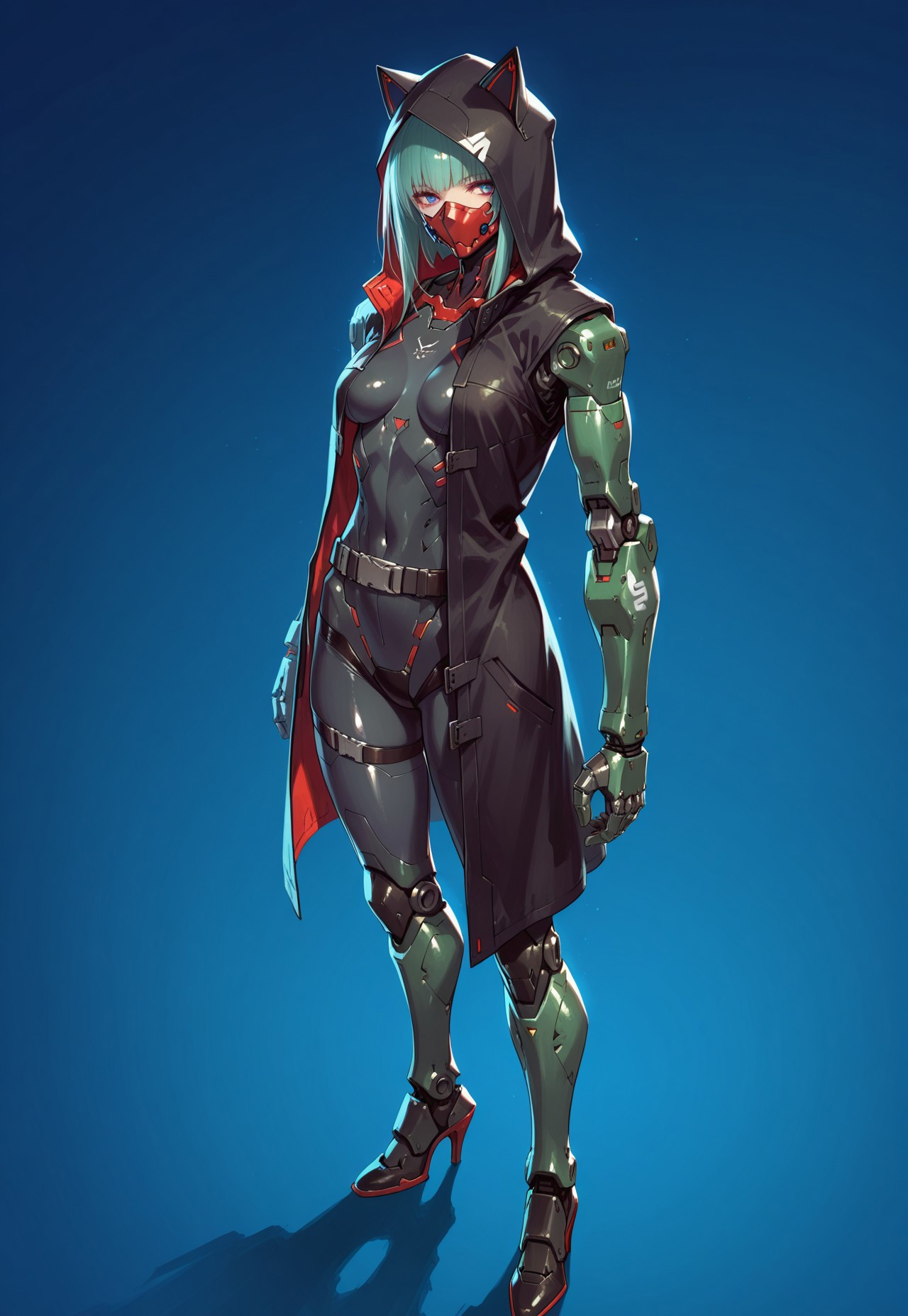 absurdres, masterpiece, best quality, very aesthetic, HDR, 8K, ultra-detailed, anime, 748cmstyle, simple background, full body, standing, from above, cyberpunk, cyber city, 

1girl, FelinaFo, solo, cyborg, mask, hood up, hooded cloak, mechanical arms, belt, mechanical legs, high heels, shiny skin, dominant female, (skinny), 

