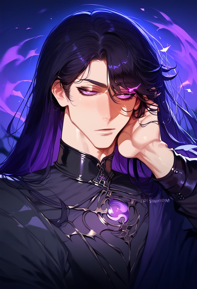 anime artwork, score_9, score_8_up, score_7_up, score_6_up, score_5_up, 1boy, strong, black hair, goth, purple eyes, glowing eyes, nobleman, long hair,