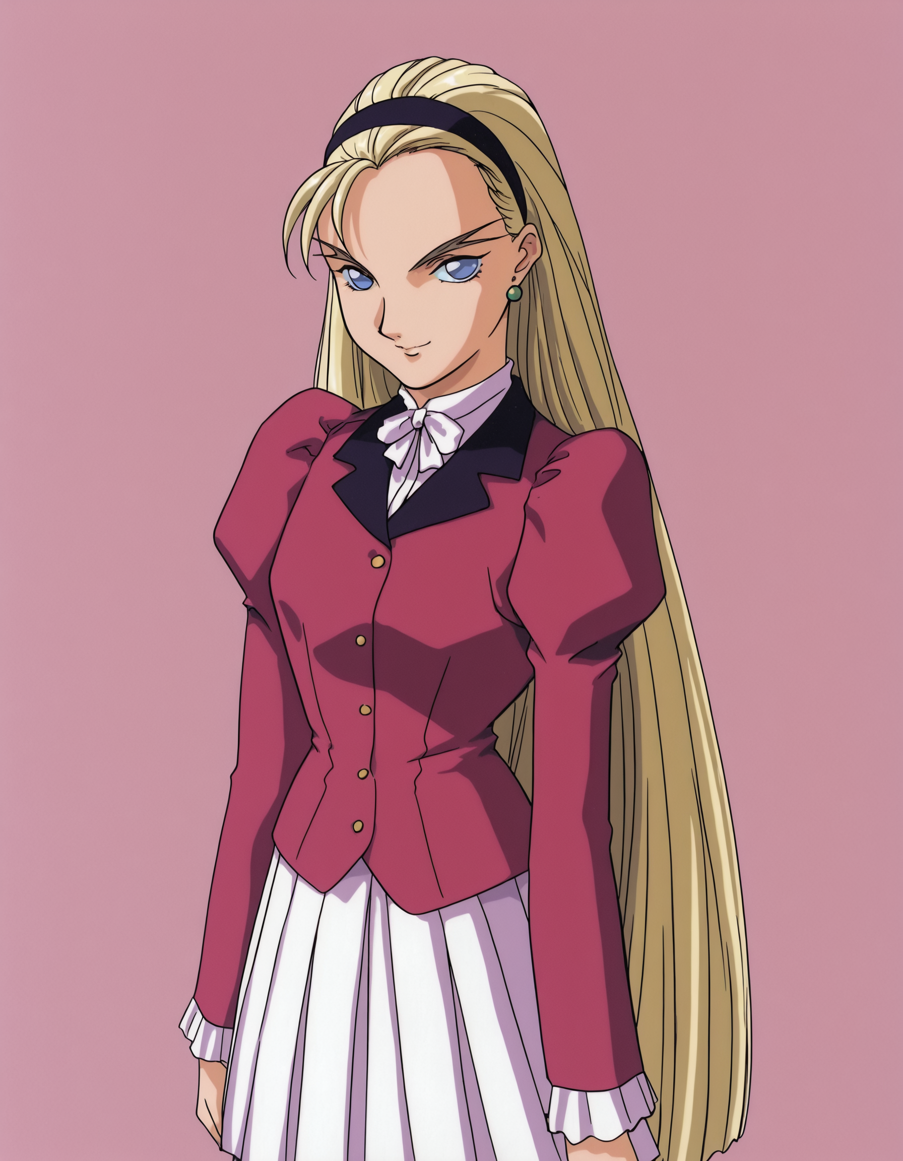 <lora:DorothyCataloniaIllustrious1.0JLFO:1> dorothycatalonia, 1girl, blonde hair, retro artstyle, 1990s, long hair, solo, hairband, earrings, jewelry, blue eyes, school uniform,skirt,  smile, long sleeves, very long hair looking at viewer,  cowboy shot,simple background,