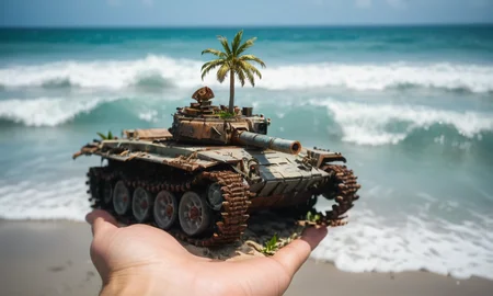 a palm tree growing out of a (miniature) (vtnktnk:1.9) tank being used as a pot, beach, ocean, waves, vehicle focus, film, (grainy), perfect face, blurred background <lora:vtnktnk_SDXL_v1_32-000015:1.0>