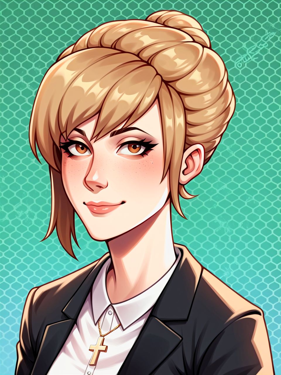 PonyXLV6_Scores, (honeycomb_\(pattern\):1.3), rainbow gradient background, 1girl, solo, (upper body portrait:1.1), warm slight smile, closed mouth, looking at viewer,  <lora:kateLIS_PDXL:1> katelis, petite female, light brown hair, hazel eyes, blouse, jacket, cross necklace,
