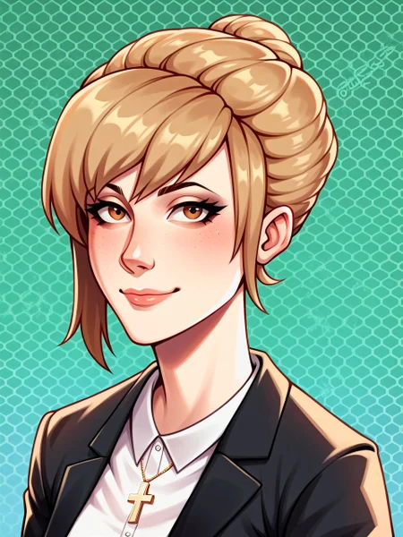 PonyXLV6_Scores, (honeycomb_\(pattern\):1.3), rainbow gradient background, 1girl, solo, (upper body portrait:1.1), warm slight smile, closed mouth, looking at viewer, <lora:kateLIS_PDXL:1> katelis, petite female, light brown hair, hazel eyes, blouse, jacket, cross necklace,