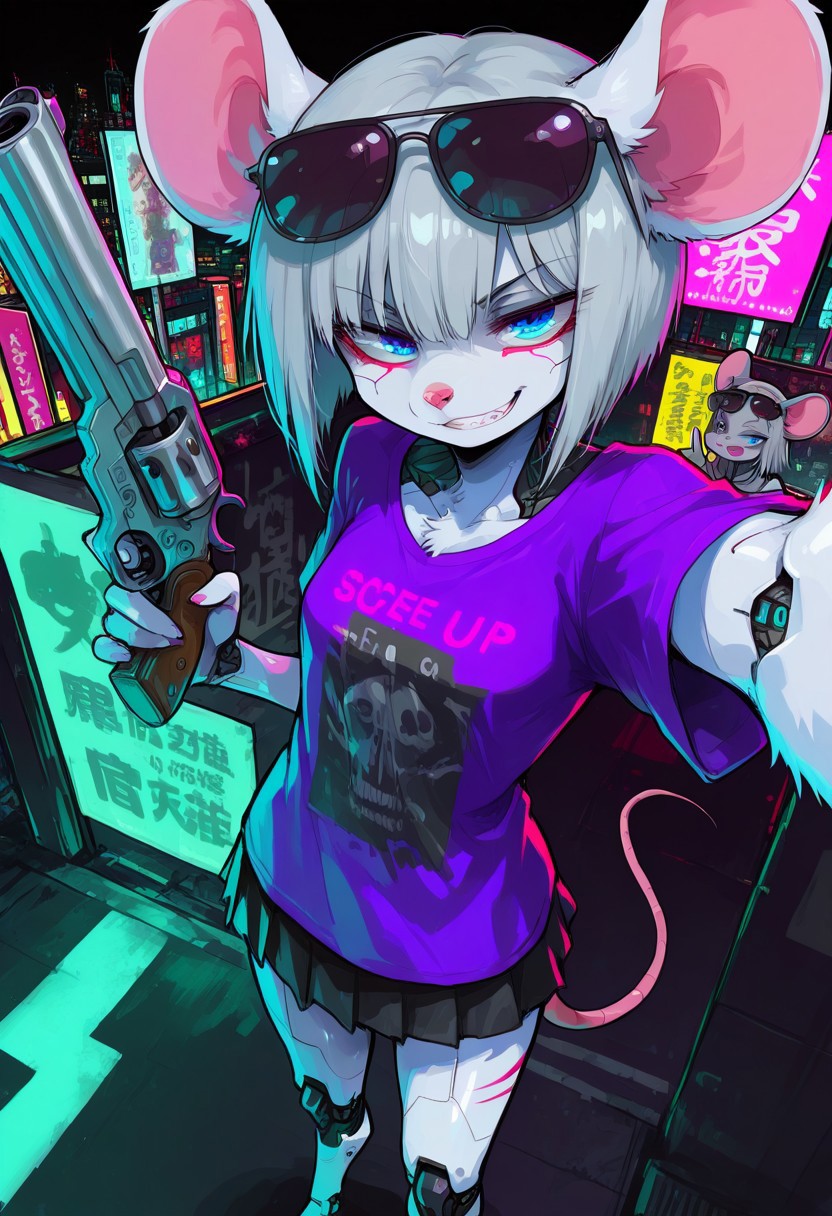 score_9, score_8_up, score_7_up, masterpiece, best quality, high quality, sharp lines, solo, luminescent background, 1girl, furry, fur, fur covered,
BREAK, anthro, skinny, petite body, small breasts, mouse, furry female, blue eyes, white fur, short haircut, gray hair, sunglasses on head, purple oversized t-shirt, black miniskirt, full cyborg, cybernetic arms, cybernetic legs, looking at viewer, smug, teeth, determined, dynamic pose, selfie, revolver pistol in hand, pointing with revolver on viewer, night, billboards, urban, cyberpunk, lights, detailed background, colorful, black background, pov from above