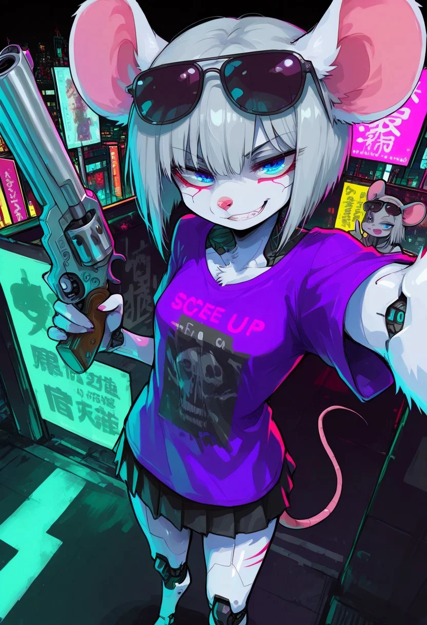 score_9, score_8_up, score_7_up, masterpiece, best quality, high quality, sharp lines, solo, luminescent background, 1girl, furry, fur, fur covered,
BREAK, anthro, skinny, petite body, small breasts, mouse, furry female, blue eyes, white fur, short haircut, gray hair, sunglasses on head, purple oversized t-shirt, black miniskirt, full cyborg, cybernetic arms, cybernetic legs, looking at viewer, smug, teeth, determined, dynamic pose, selfie, revolver pistol in hand, pointing with revolver on viewer, night, billboards, urban, cyberpunk, lights, detailed background, colorful, black background, pov from above