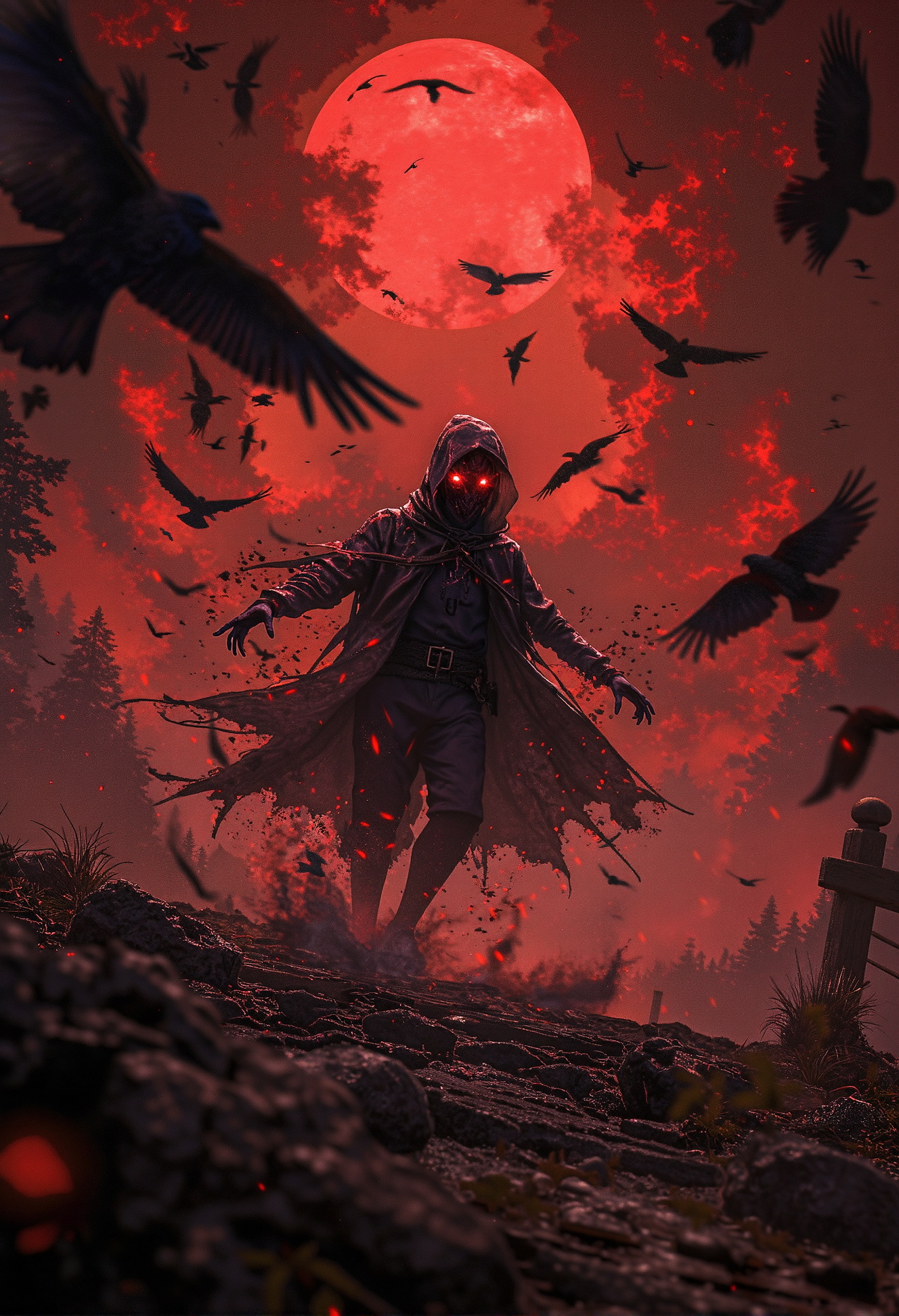 In an anime-inspired scene, a dreamlike atmosphere unfolds under a crimson red mist, with a dramatic solar eclipse dominating the sky. A mysterious figure cloaked in a long black raincoat with the hood pulled up runs toward the viewer as fast as possible, arms outstretched in an eerie, almost entranced motion. The figureâs face is obscured in shadow, revealing only two glowing red eyes that pierce through the darkness, exuding an unsettling yet mesmerizing presence. Surrounding the figure, a swirling flock of black ravens takes flight, their chaotic movements contrasting sharply with the stillness of the cloaked figure. The crimson mist and the blood-red light of the eclipse cast an ominous glow, amplifying the surreal and haunting mood of the scene. <lora:black_fantasy.safetensors:1.0>,  <lora:s1n0z1ck style FG Flux Lora.safetensors:1.0>,