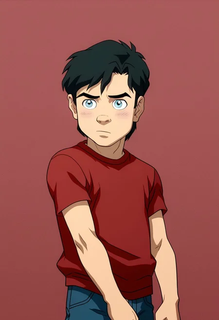 High Quality,  Billy batson,  solo, 1boy, black hair, blue eyes, red tshirt, bluejeans, young, small body.