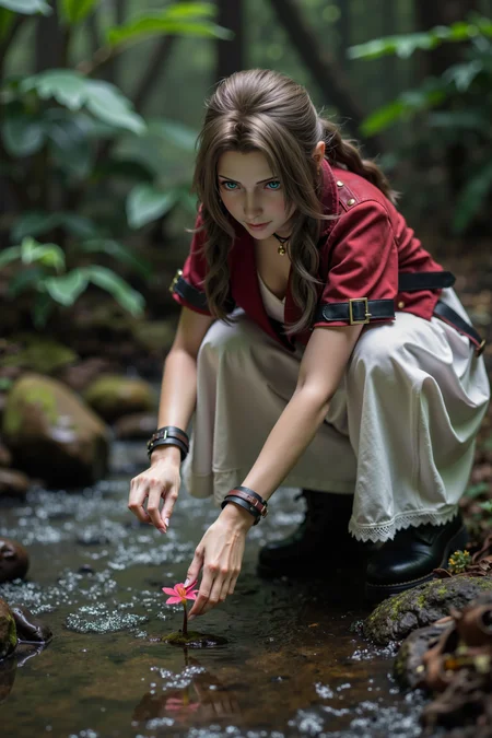 A professional photograph of Aerith Gainsborough crouching by a stream in a dense forest. Sheâs leaning forward, peering intently at a small flower blooming on the edge of the water. Her fingers reach toward it, her expression a mix of curiosity and quiet admiration., <lora:Aerith Gainsborough:1.0>