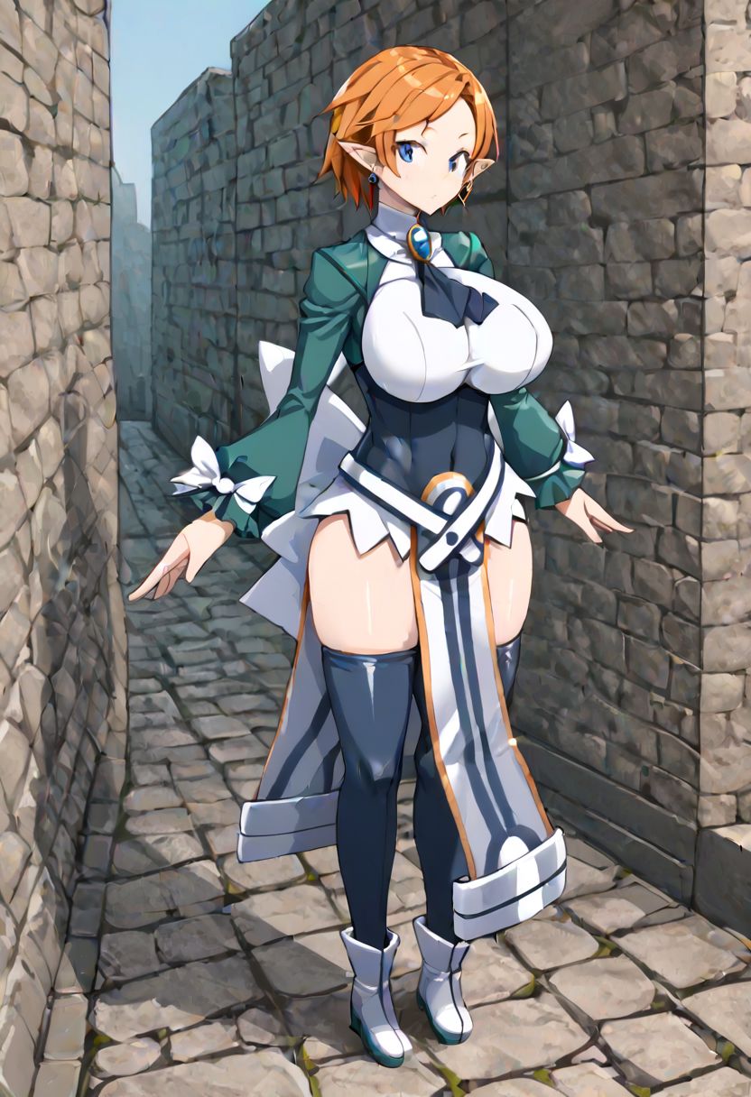 MagicKnight, blue eyes, short orange hair, pointy ears, thighhighs, white footwear,pelvic curtain ,belt ,ascot,brooch, green and whit shirt, long sleeves, leotard, small earrings, impossible clothes, 
masterpiece, best quality, very aesthetic, absurdres, 1milf, 1adult, solo, full_body, tachi-e,