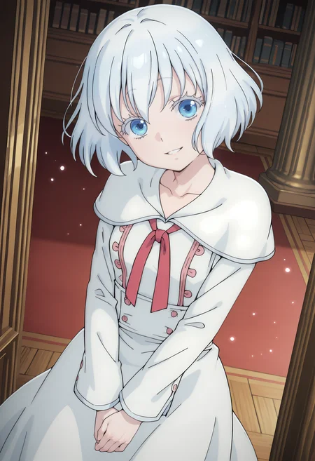 best quality, amazing quality, perfect quality, high quality, masterpiece, absolutely eye-catching BREAK
<lora:Sacrificial_Princess_and_the_King_of_Beasts_-_Sariphi:1> NiehimeSariphi, blue eyes, white eyelashes, white hair, short hair, wispy bangs, small breasts BREAK
white dress, long sleeves, white capelet, pink ribbon, barefoot BREAK
indoors, library, light particles BREAK
1girl, solo, standing, hands together, cowboy shot, head tilt, smile, parted lips, looking at viewer, dutch angle, from above