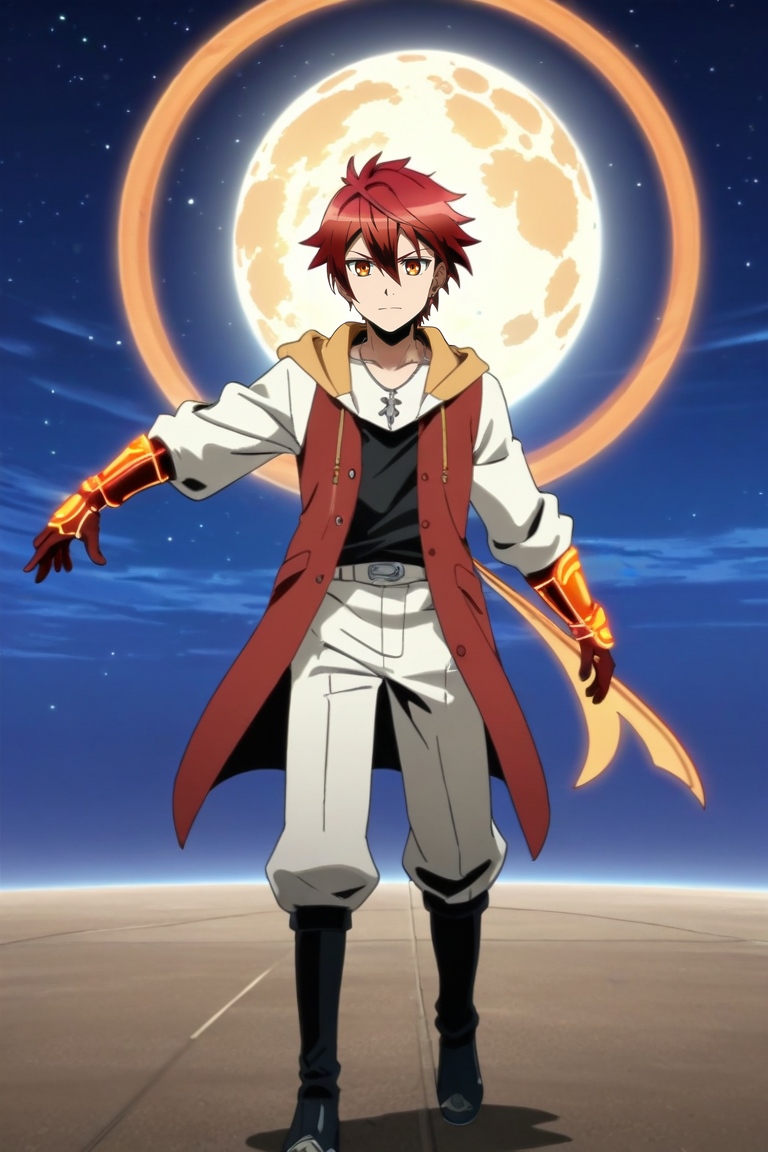 score_9, score_8_up, score_7_up, , rating_safe, intricate details, anime screencap, , , , , 1boy, solo, male focus, <lora:akane_divine_gate_pony:0.84>, akane_divine_gate, red hair, orange eyes, short hair, hair between eyes, earrings, wide angle, wide shot, full body, space, planets, night, full moon, villain pose, distracted, aloof, oblivious, easter costume, <lora:sdxl_lightning_8step_lora:1>