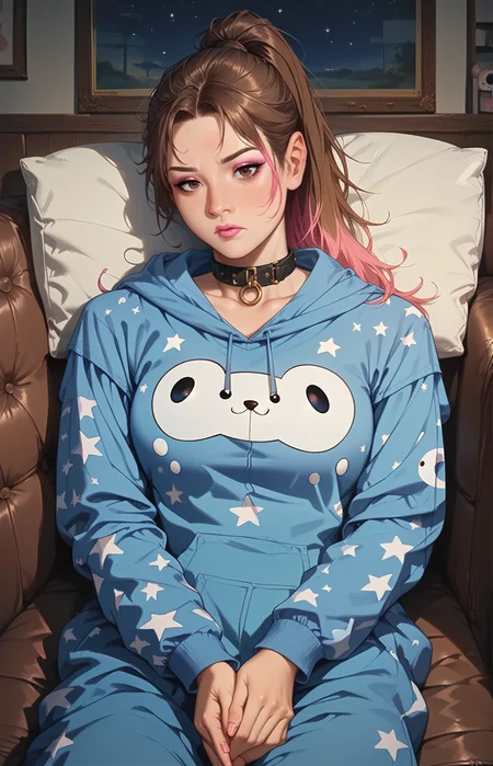 score_9,score_8_up,score_7_up, perfect hands, detailed background, smooth skin, detailed background, ukiyo-e, shiny skin, tiny blue couch, ((Rim lighting, night time, dimly lit)), watching tv, wide shot, printed onesie, siting, leaning back, leather couch, brown couch, ,head on cushion, looking a tv, eye level
(1 female), brown hair, pink highlights, high ponytail, detailed hair, large breasts, pale pink lipstick, detailed brown eyes, pink glossy eyeshadow, elongated Eyeliner, leather collar, thinking
<lora:add-detail-xl:1> <lora:CORE:1> <lora:GarvGirlsPony:1> <lora:Eyes:00.5>