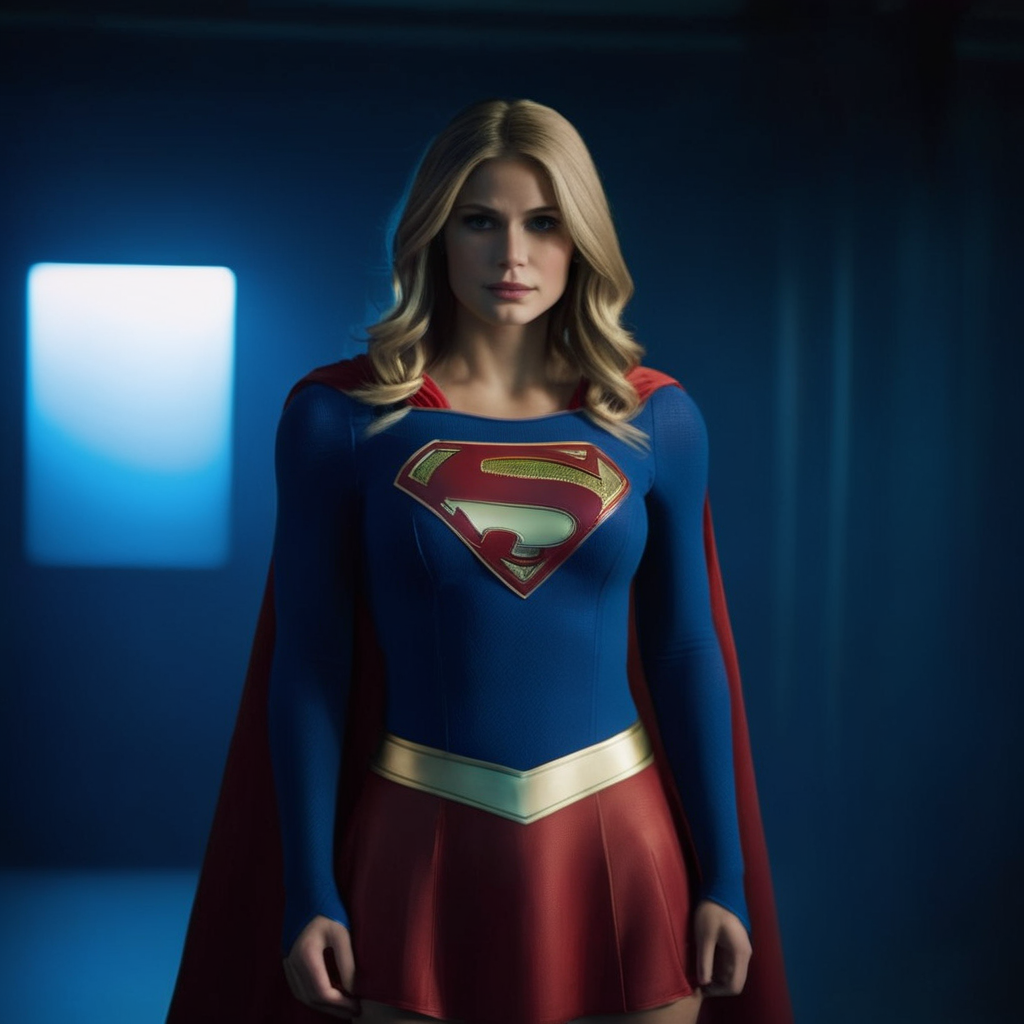 cinematic film still of  <lora:Superman v3:1>
A woman dressed as a supergirl standing in a dark blue room,solo,long blonde choppy hair,blonde hair, focus,cape,bodysuit,realistic,retro artstyle,superhero, shallow depth of field, vignette, highly detailed, high budget, bokeh, cinemascope, moody, epic, gorgeous, film grain, grainy