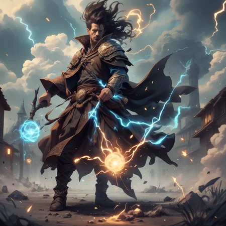 a (full body shot) of an angry human male mage casting lightning magic, dressed in shabby robes, wind blowing, dynamic action, medieval fantasy, <lora:fantastic_characters_v4:0.4>  <lora:fantasyV1.1:0.2>  <lora:Dark Fantasy:0.1> <lora:detail_slider_v4:0.2> <lora:epi_noiseoffset2:0.6> <lora:BloodMagic-20:0> <lora:EntropyMagic-20:0> <lora:NatureMagic-20:0> <lora:CreationMagic:0> <lora:ExplosionMagic:0> <lora:ThunderMagic:0.5> <lora:CastSpell:0.3> <lora:wizardrobe-000013:0>, depth of field, global illumination, bloom, warm light, cinematic composition, ultra-detailed, trending on artstation, deviant art masterpiece, intricately detailed, octane render, colour grading, film photography, subsurface scattering, heavy shadow