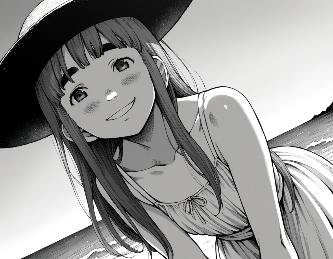 score_9, score_8_up, score_7_up, source_anime,
aikotanaka, <lora:aiko-tanaka-manga-ponyxl-lora-nochekaiser:1>,
aiko tanaka, long hair, bangs, thick eyebrows, blush, greyscale, monochrome,
dress, white dress, collarbone, bare shoulders, sundress, sun hat,
outdoors, beach, bent over, smile,
looking at viewer, cowboy shot, solo, dutch angle,