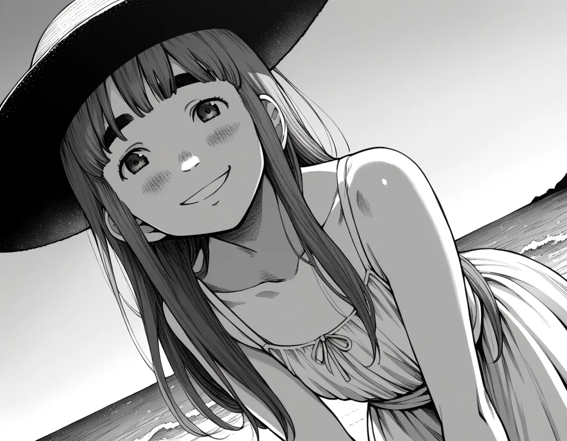 score_9, score_8_up, score_7_up, source_anime,
aikotanaka, <lora:aiko-tanaka-manga-ponyxl-lora-nochekaiser:1>,
aiko tanaka, long hair, bangs, thick eyebrows, blush, greyscale, monochrome,
dress, white dress, collarbone, bare shoulders, sundress, sun hat,
outdoors, beach, bent over, smile,
looking at viewer, cowboy shot, solo, dutch angle,