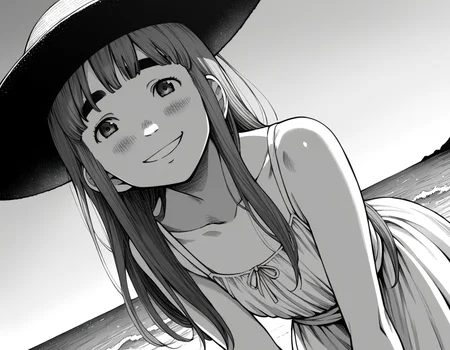 score_9, score_8_up, score_7_up, source_anime,
aikotanaka, <lora:aiko-tanaka-manga-ponyxl-lora-nochekaiser:1>,
aiko tanaka, long hair, bangs, thick eyebrows, blush, greyscale, monochrome,
dress, white dress, collarbone, bare shoulders, sundress, sun hat,
outdoors, beach, bent over, smile,
looking at viewer, cowboy shot, solo, dutch angle,