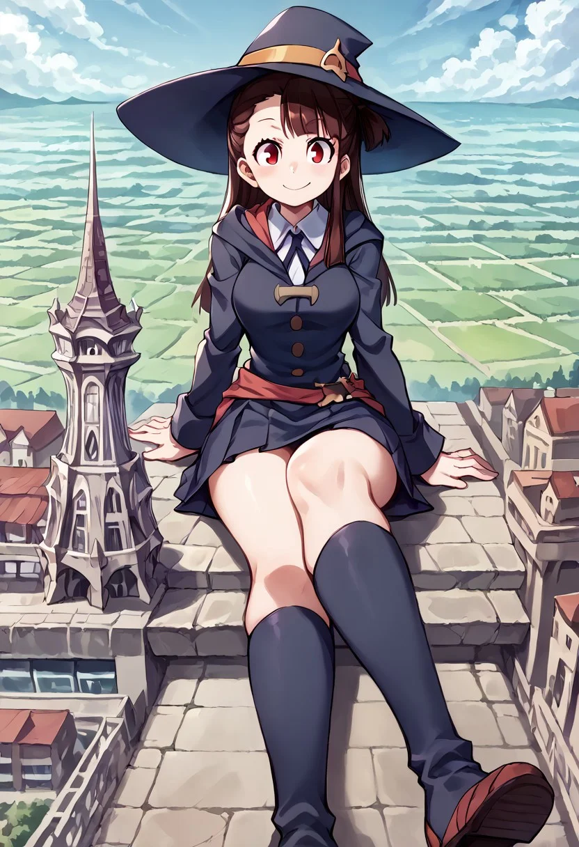 score_9, score_8_up, score_7_up, source_anime, 1girl, solo, looking at viewer, akko, brown hair, long hair, asymmetrical bangs,  hat, witch hat, luna nova school uniform, boots, red eyes, tall, large breasts, happy, hugging a doll sized woman with long blue hair, 
Sitting down on a building, crossed legs, reading a magazine, 
1girl, building size, mini people, mini skyscraper, mini city, partially obscured by tower, mini people on tower, zPDXL2, zPDXLxxx,  <lora:jvdaniangXL-beta-fix:1>, mini human, giantess looking down, mini humans on tower