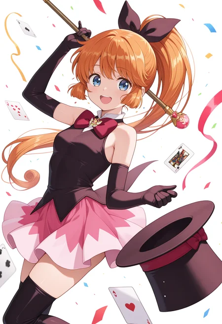 1girl,solo,<lora:Saint_Tail:1>,long hair,orange hair,elbow gloves,blue eyes,magical girl,black gloves,sleeveless,bowtie,hair ribbon,hair bow,pink skirt,brooch,high ponytail,black bow,thigh boots,black footwear,
holding wand,top hat,red bow,holding hat,:d,confetti,playing card,white background,
masterpiece,best quality,amazing quality,