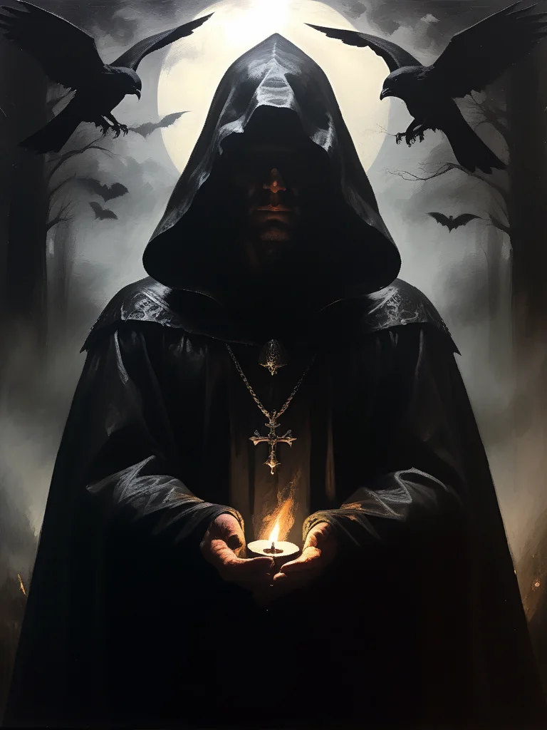 <lora:03realismPainting_Hap_XL:1>, realism American art painting oil painting,masterpiece,highly detailed, <lora:add-detail-xl:0.0001> ,<lora:hand 4:0.0001>,  solo, dark silhouette, unholy, sinfully, wicked, ritual, dark night, pitch_black, hood, cloak, aura, witchcraft, mysterious, best quality, realistic, highly detailed