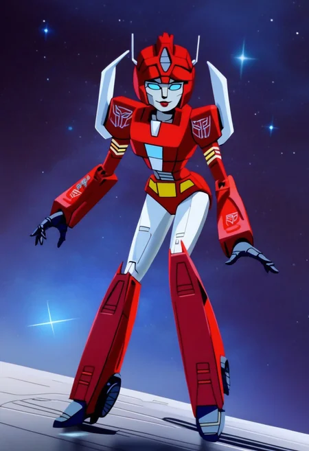 robot planet in space
score_8_up <lora:Transformers 86 FT-000005:1> 1female, autobot, female, all red body, red legs, red head, red armour, small body, petite body, slender form, full body, slim body, slim waist, round large eyes, blue eyes, short legs, small horns protruding from head, , female lips, happy expression, smiling, curvy limbs,