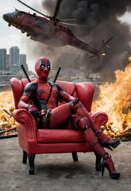 hyperrealistic art (((busty girl deadpool sit on red chair in front of burning helicopter, chaos))), ((reflections, exploding buildings, storm, wet)), slim body, (huge breasts), (breasts bursting out of costume), (full mask, full costume with cleavage cut away), extremely high-resolution details, photographic, realism pushed to extreme, fine texture, incredibly lifelike, huge tits