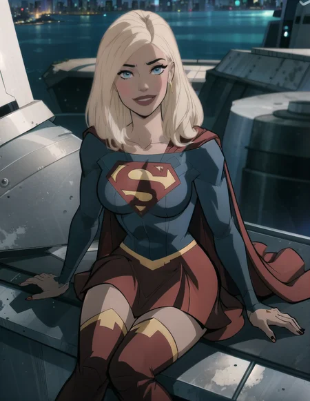 perfect quality,detailed, (medium breasts:1),looking at viewer,<lora:Supergirl_Tomorrowverse_V2-10:1>,sharp image,skirt,thigh boots,red skirt,,classic superman logo,blue top,golden belt,cape,megapolis,classic superman logo, thighhighs,smile, big lips, sitting on edge of roof