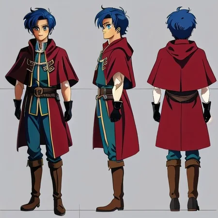 anime, 1man, man blue spike hair, short hair, red eyes, man mage, brown cloak, medieval fantasy, green boots, long gloves, retro anime, retro style, 1980s \(style\), dungeons and dragon, dark fantasy, simples background, model sheet, character design, chara-sheet