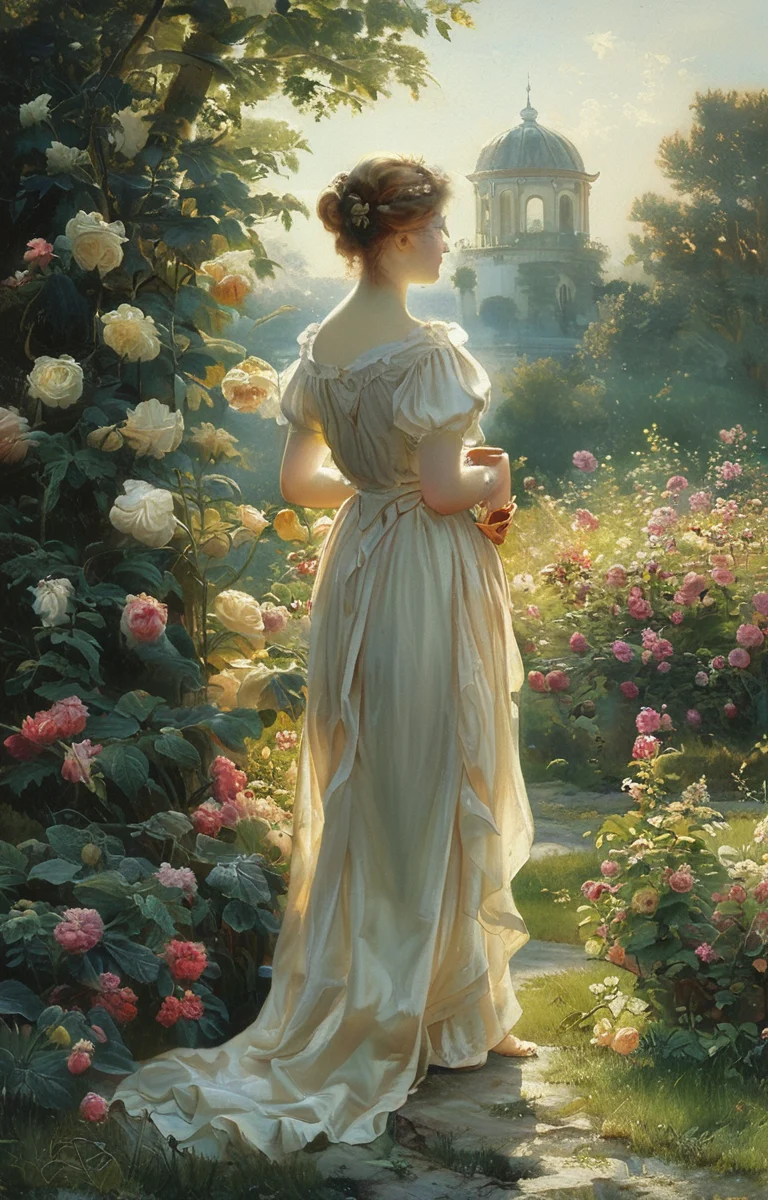 masterpiece,best quality,<lora:tbh240-sdxl:0.9>,illustration,style of Fritz Zuber-Buhler, A bottle of perfume in garden