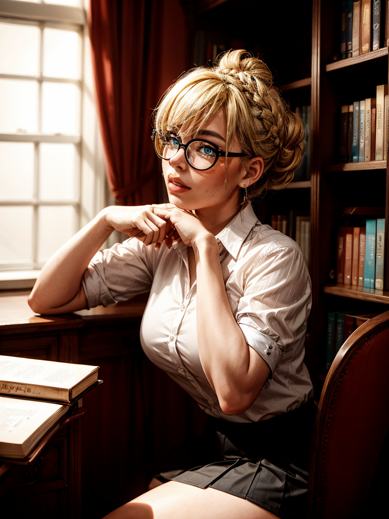 <lora:Raiou_Style:0.5> big lips, thick lips, 1girl, blonde hair, hair bun,  round eyewear, (freckles:0.5), library, librarian, collared shirt, long skirt, aqua eyes, name tag, from side, on stomach, 
masterpiece, best quality, intricate detail,
<lora:contrast_slider_v10:3> <lora:backlight_slider_v10:-1> <lora:add_sharpness:1> <lora:add_detail:1>   <lora:weight_slider_v2:0.5>