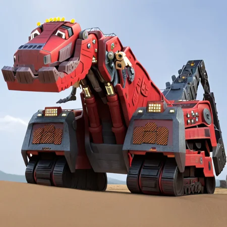 perfect arms, perfect hands, black pupils, perfect eyes, square eyes, white eyes, t-trux, bipedal, non-anthro, dinotrux, ty_rux, robotic dinosaur, construction vehicle hybrid, red body, gray body, mechanical jaw, metallic teeth, small arms, 3 fingers, metallic claws, crane-like tail, yellow lights, tyrannosaurus_rex, mecha, truck, hybrid, no humans, sky, robot, day, outdoors, 3d artwork, 3d render, full body, caterpillar tracks, solo, 1boy, male, front view, standing