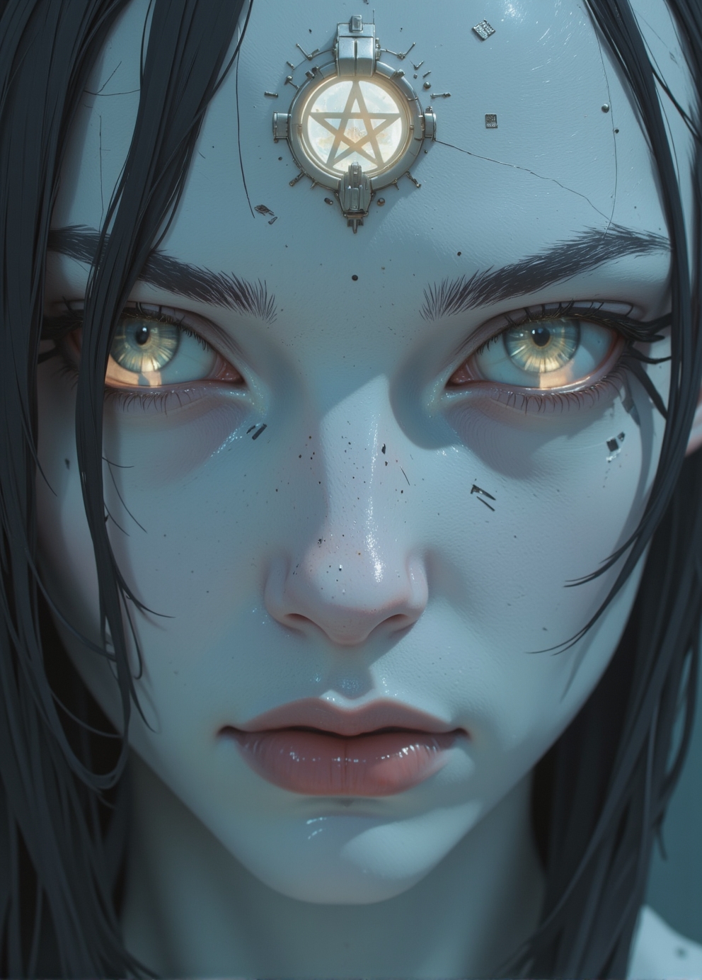 <lora:ck-Sci-Fi-Concepts:0.7>, in the style of ck-sfc, close up face shot of a white pale ceramic wabi-sabi cyberpunk (woman:0.6) looking mysteriously at the viewer, direct eye contact. holographic reflections of a (pentagram) in their eyes.
<lora:ck-nc-luminal-genesis:0.8>
<lora:flux.1_lora_flyway_Epic-detail_v2:0.6>
<lora:CPA:0.5>
<lora:BLUE_mk4_angel_FLUX_01:0.30>