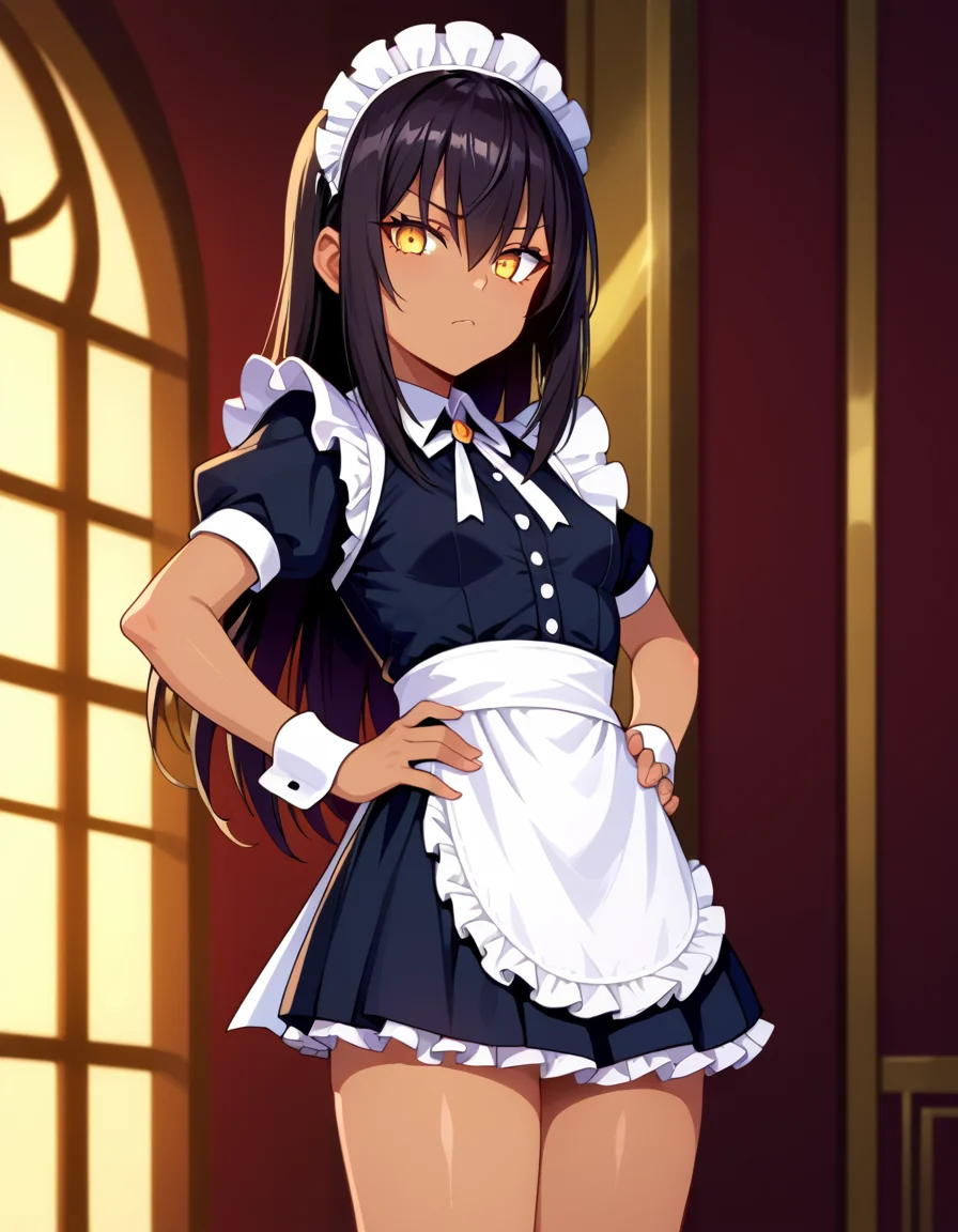 score_9, score_8_up, score_7_up, source_anime, anime screencap, anime coloring, masterpiece, best quality, uncensored, 1girl, solo, (cowboy shot:1.2), hatiferal, dark skin, dark-skinned female, yellow eyes, black hair, long hair, bangs, hair between eyes, small breasts, maid clothes, maid, black dress, frilled dress, (short dress:1.2), frills, white puffy short sleeves, wrist cuffs, maid headdress, maid aprons, <lora:Hati_Mori o Mamoru Ookami Shoujo ga_Pony:1>, standing, frown, looking at viewer, hands on hips, shiny body, shiny skin, (skindentation:1.2), clear skin, shiny hair, ultra detailed eyes, depth of field, sharp, (intricate details, hyperdetailed:1.15)