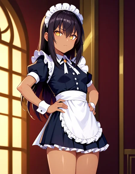 score_9, score_8_up, score_7_up, source_anime, anime screencap, anime coloring, masterpiece, best quality, uncensored, 1girl, solo, (cowboy shot:1.2), hatiferal, dark skin, dark-skinned female, yellow eyes, black hair, long hair, bangs, hair between eyes, small breasts, maid clothes, maid, black dress, frilled dress, (short dress:1.2), frills, white puffy short sleeves, wrist cuffs, maid headdress, maid aprons, <lora:Hati_Mori o Mamoru Ookami Shoujo ga_Pony:1>, standing, frown, looking at viewer, hands on hips, shiny body, shiny skin, (skindentation:1.2), clear skin, shiny hair, ultra detailed eyes, depth of field, sharp, (intricate details, hyperdetailed:1.15)