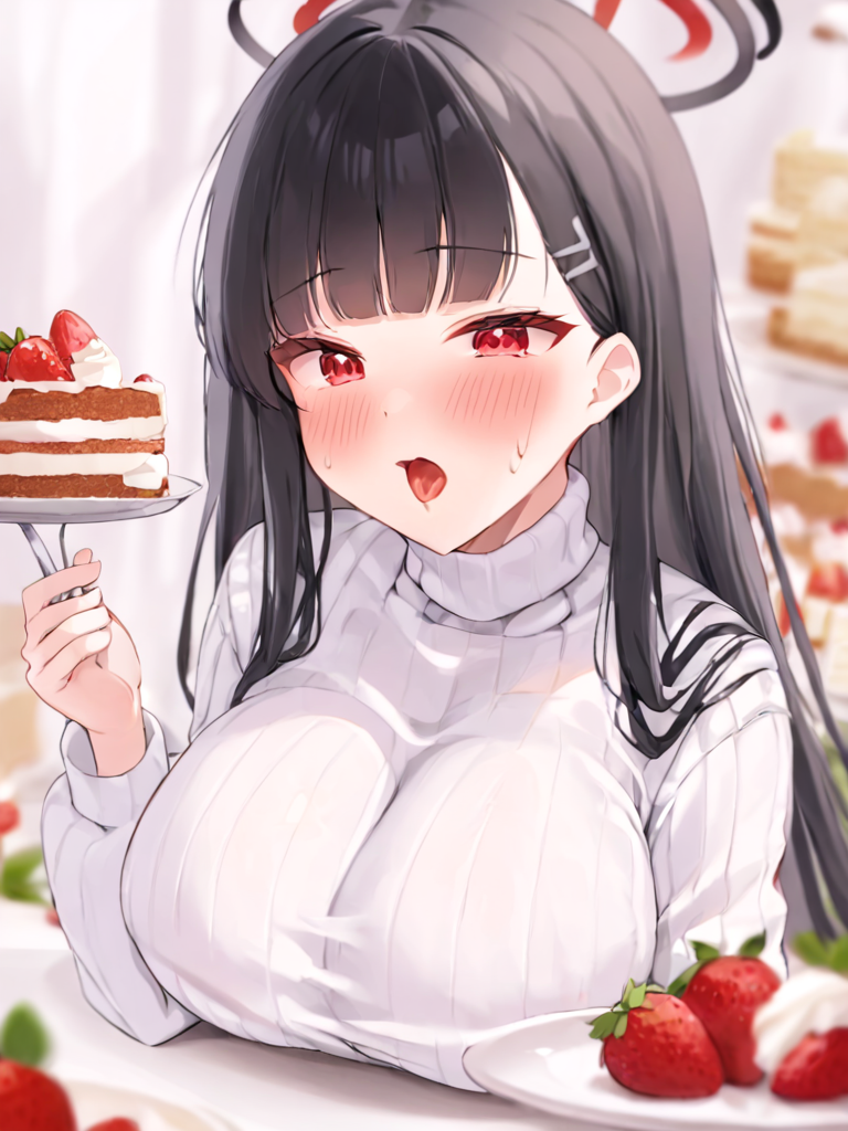 <lora:linyin:1>,1girl, food, black_hair, red_eyes, solo, sweater, breasts, feeding, halo, long_hair, cake, large_breasts, turtleneck_sweater, blush, looking_at_viewer, white_sweater, open_mouth, blurry, incoming_food, fruit, turtleneck, ribbed_sweater, holding, bangs, cake_slice, strawberry, fork, plate, white_background, simple_background, upper_body, depth_of_field, blurry_foreground, breast_rest, strawberry_shortcake, blunt_bangs, long_sleeves