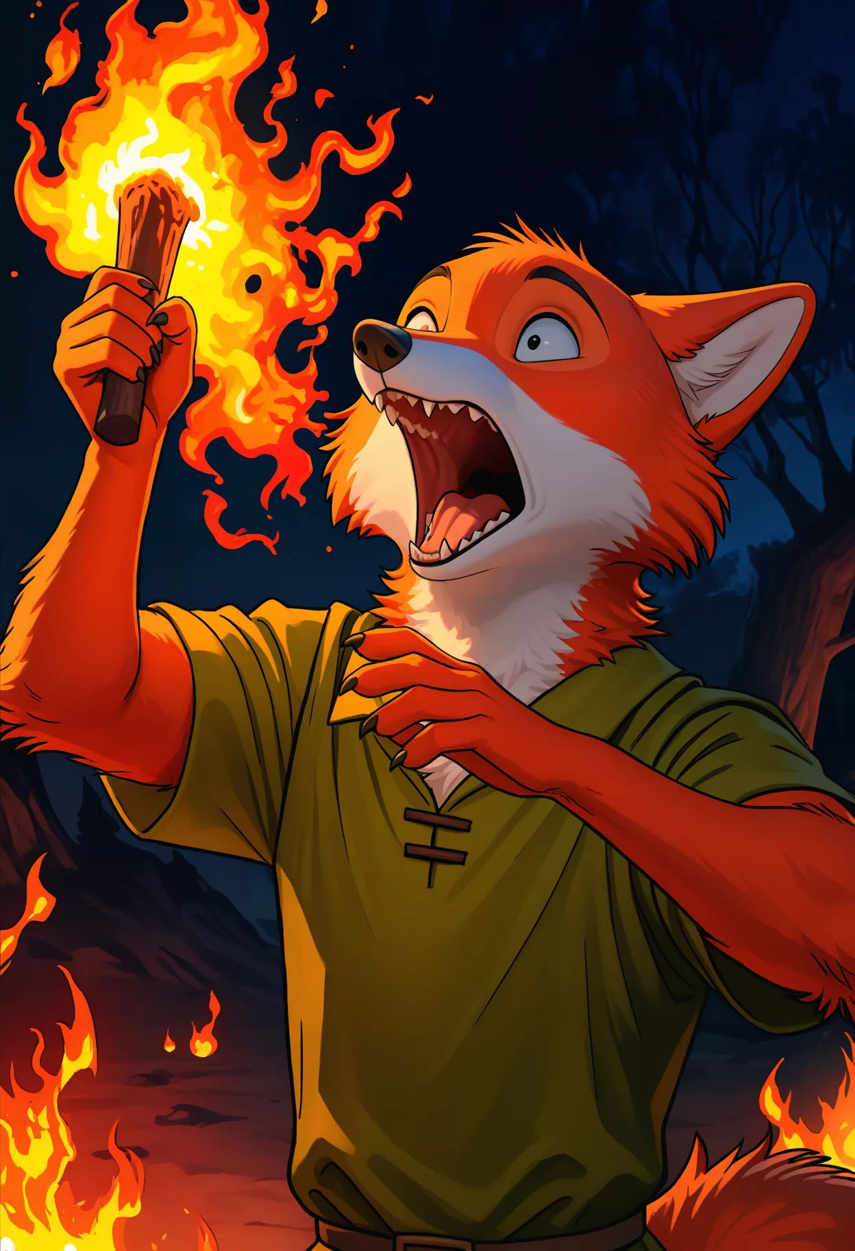 realistic, detailed, photo, detailed fur, realistic fur, detailed background, detailed, sharp lighting, beautiful lighting, detailed background, (masterwork, masterpiece, best quality, hyper-detailed, 8k uhd), newest, vivid color, saturated, anthro, furry,  BREAK,
on model, screencap, 1boy, solo, green tunic, fire, panicking, mouth open, screaming, hands up, upper body focus, surprised, scared, night, outfitr, sky, outdoors, dramatic, black eyes, black nose, male, dark, green capr, robinc, fox, surrounded by flames, ears, flat color, facing side, three-quarter_view, holding torch, looking at fire,
, <lora:Marian_v10Noob3-9s96:0.8>    <lora:noobai_ep11_stabilizer_v0.138_fp16:0.8>