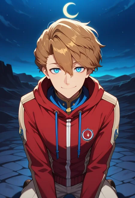 masterpiece, best quality, , , looking at viewer, 1boy, solo, male focus, <lora:langris_vaude_ilxl:0.94>, langris_vaude, brown hair, blue eyes, short hair, hair between eyes, , upper body, death valley, night, crescent moon, kneeling, smile,
