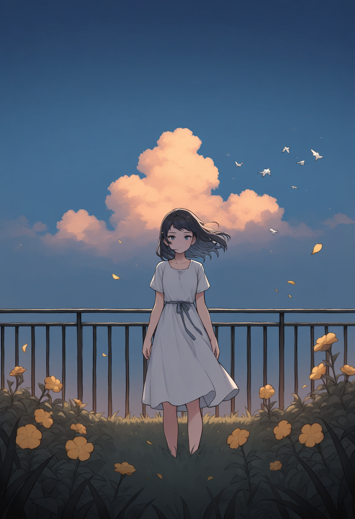 masterpiece,best quality,
suruga, <lora:suruga_IllustriousXL_v1.0-000018:0.7>, animification, animal focus, bird, blue eyes, blue hair, blue sky, cloud, collarbone, dark, dress, english text, fire, floating hair, flower, grass, looking at viewer, outdoors, petals, plant, railing, scenery, short sleeves, sky, solo, standing, white dress, yellow flower