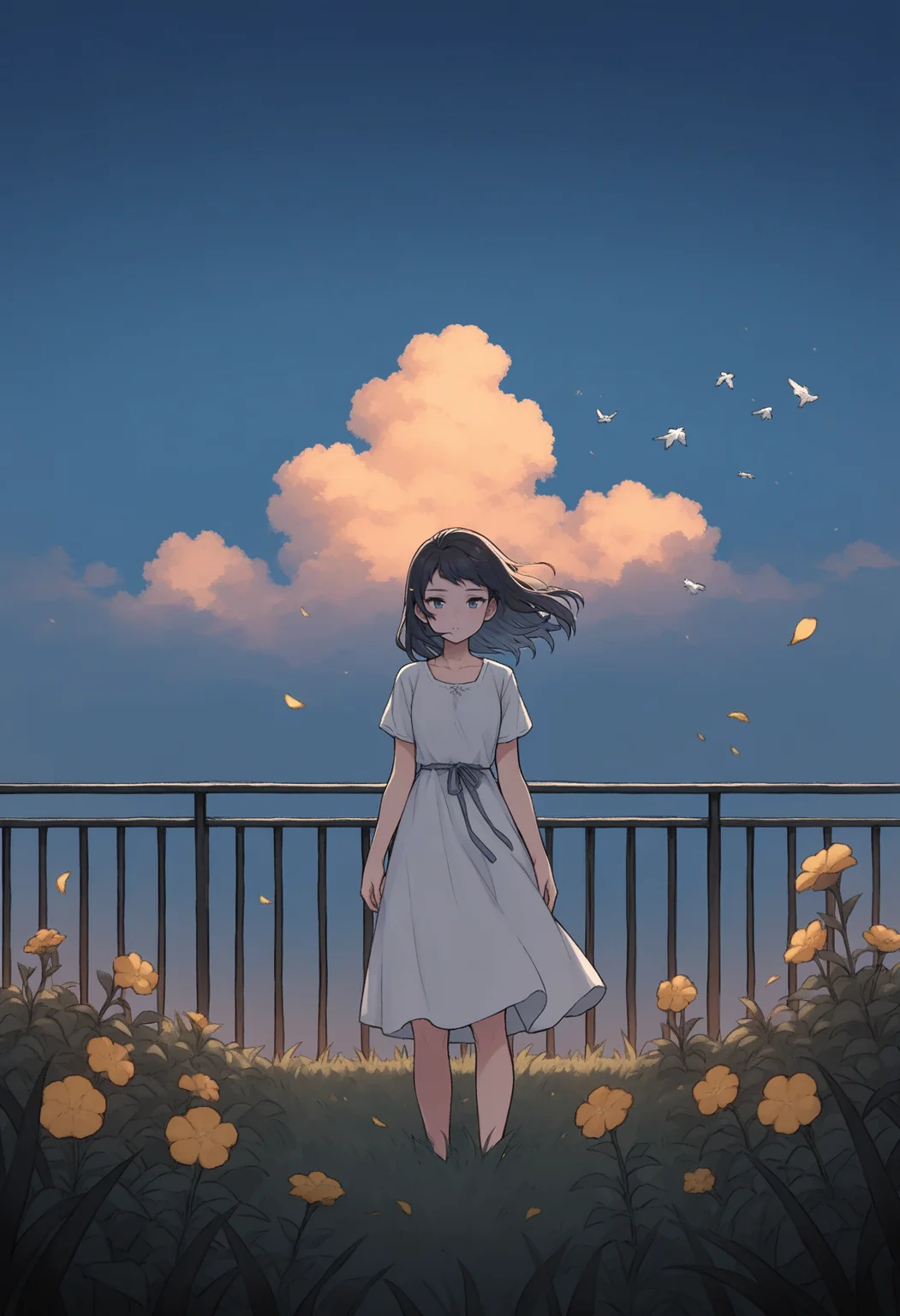 masterpiece,best quality,
suruga, <lora:suruga_IllustriousXL_v1.0-000018:0.7>, animification, animal focus, bird, blue eyes, blue hair, blue sky, cloud, collarbone, dark, dress, english text, fire, floating hair, flower, grass, looking at viewer, outdoors, petals, plant, railing, scenery, short sleeves, sky, solo, standing, white dress, yellow flower