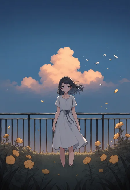 masterpiece,best quality,
suruga, <lora:suruga_IllustriousXL_v1.0-000018:0.7>, animification, animal focus, bird, blue eyes, blue hair, blue sky, cloud, collarbone, dark, dress, english text, fire, floating hair, flower, grass, looking at viewer, outdoors, petals, plant, railing, scenery, short sleeves, sky, solo, standing, white dress, yellow flower