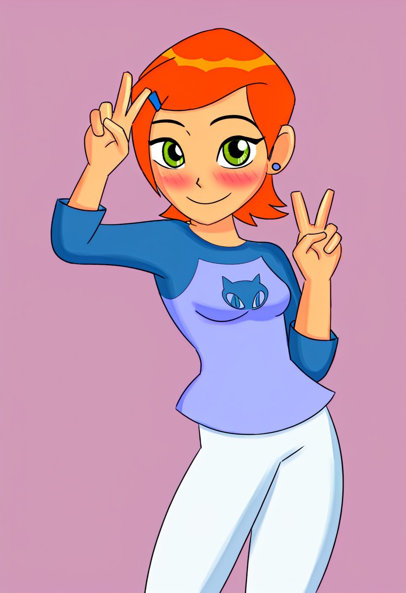 gwen tennyson, ginger, solo, 1girl, orange hair, capri pants, white pants, blue shirt, raglan sleeves, green eyes, short hair, hairclip, cute, smile, blush, peace sign, HD, masterpiece, countryside, beautiful