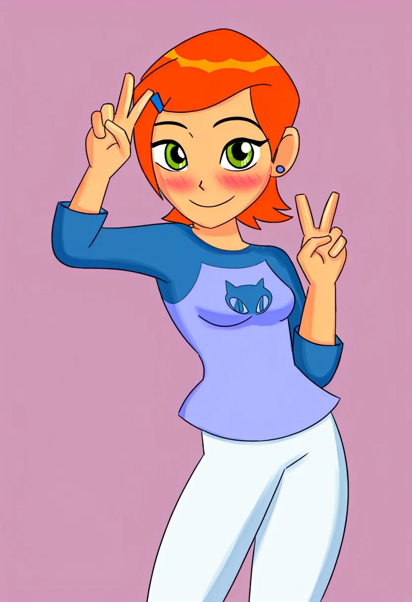 gwen tennyson, ginger, solo, 1girl, orange hair, capri pants, white pants, blue shirt, raglan sleeves, green eyes, short hair, hairclip, cute, smile, blush, peace sign, HD, masterpiece, countryside, beautiful