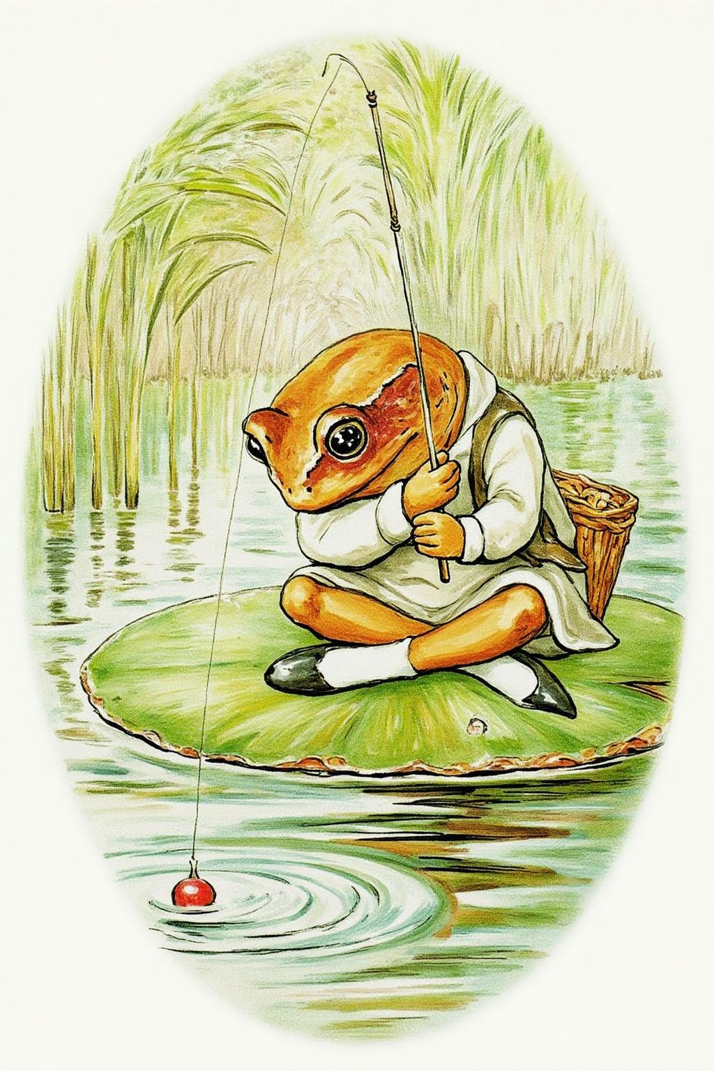beatrixpotter1 illustration.
An anthropomorphic frog in human clothing sits cross-legged on a lily pad in water, with a wicker basket behind. It holds a fishing rod, with a small fishing float on the surface of the water. The background consists of a lush, green landscape with tall grasses or reeds. <lora:beatrixpotter1_d8a4:1.0><lora:867017700696657282:0>
