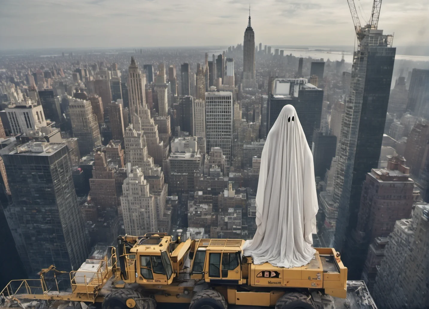 sheetghost person (operating a heavy machinery crane in New York high above the city attached to a skyscraper:1.4) , dangerous height, poorly operating crane above the city, smashing wrecking ball into side of skyscraper. . <lora:SheetGhost SDXL LoRA - Trigger with Sheetghost Person:1>