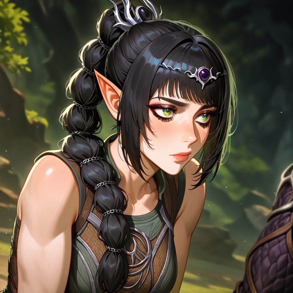 masterpiece, best quality, newest, absurdres, highres, 
D3-ART-V1.0, 
1girl, shadowheart \(baldur's gate\), long braid, elf, pointy ears, black hair, braid, side bangs, green eyes,