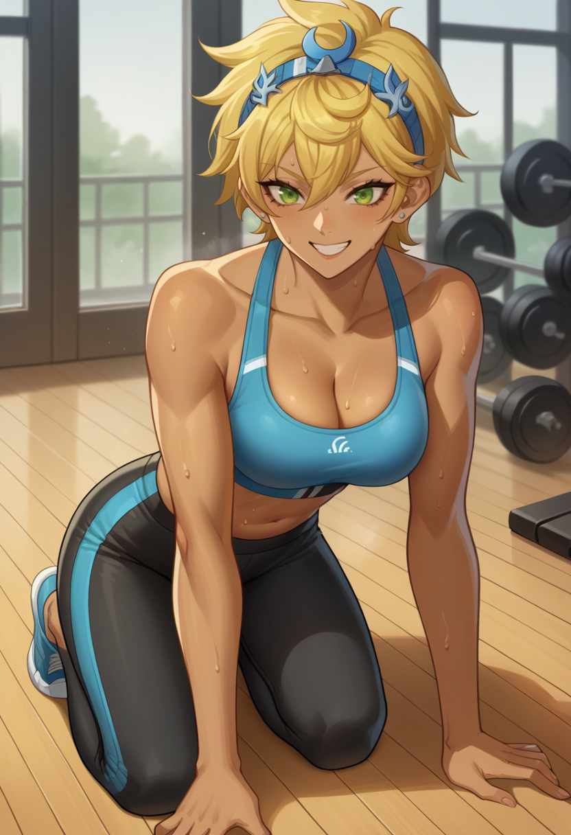 score_9, score_8_up, score_7_up, source_anime BREAK 1girl, solo,  <lora:zs_ArtemisXL:1> artemissmtv, dark skin, blonde hair, short hair, green eyes, hair ornament, blue sports bra, cleavage, black yoga pants, gym, sweat, smile